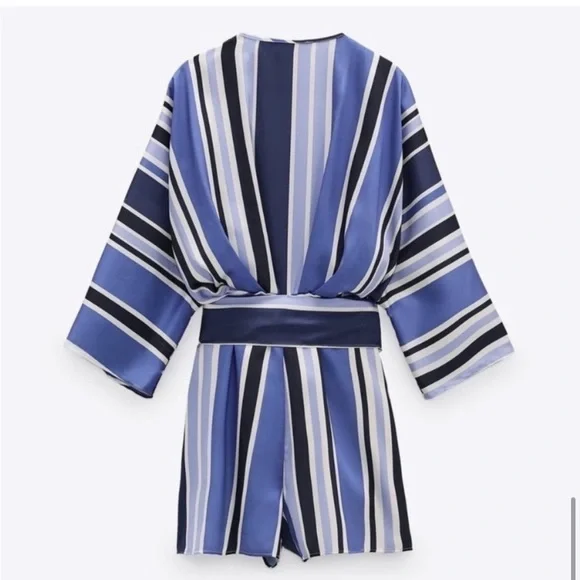 Zara Blue & White Striped Satin Wrap Skort Romper Small NWT - Picture 3 of 16